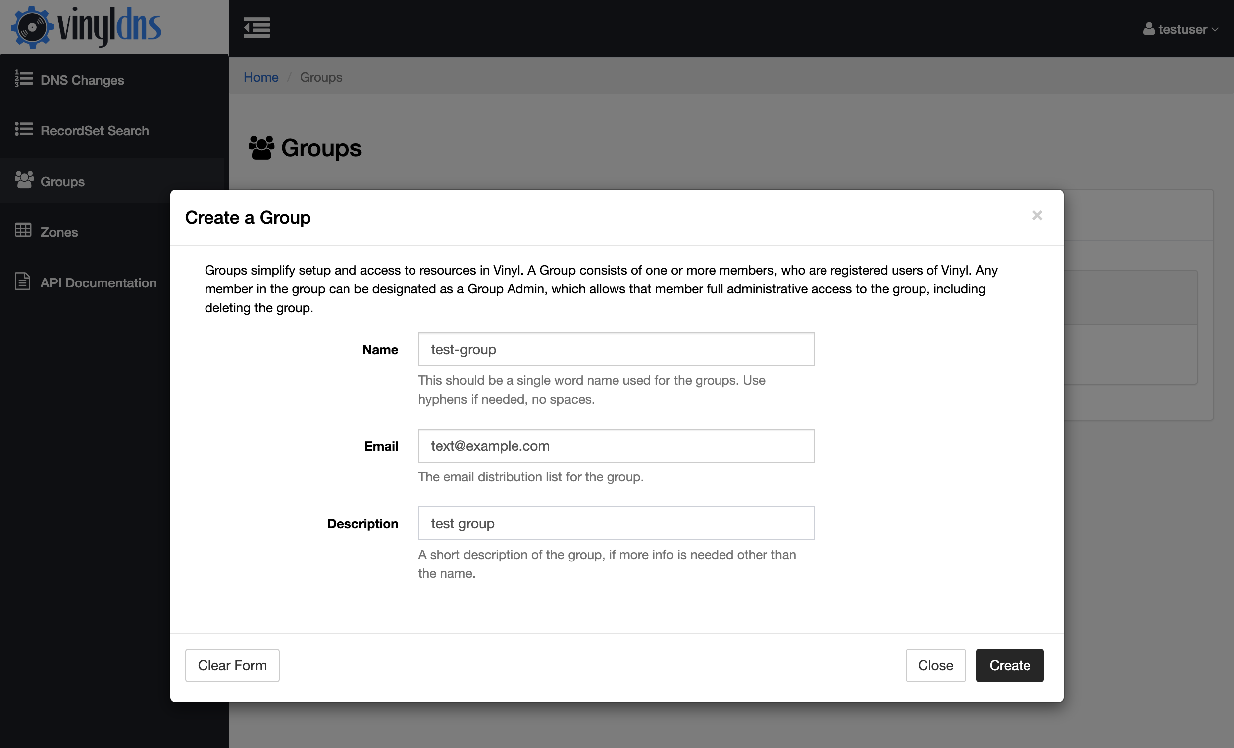 Groups form screenshot