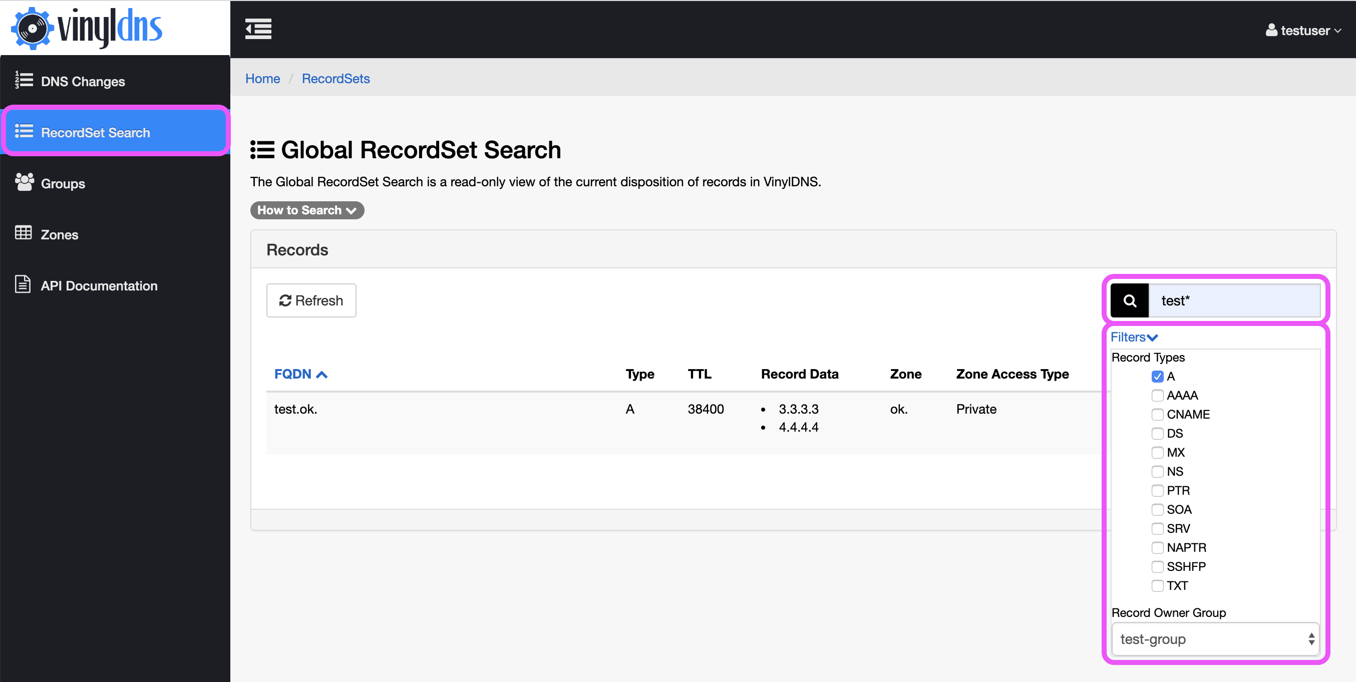 RecordSet Search filters screenshot