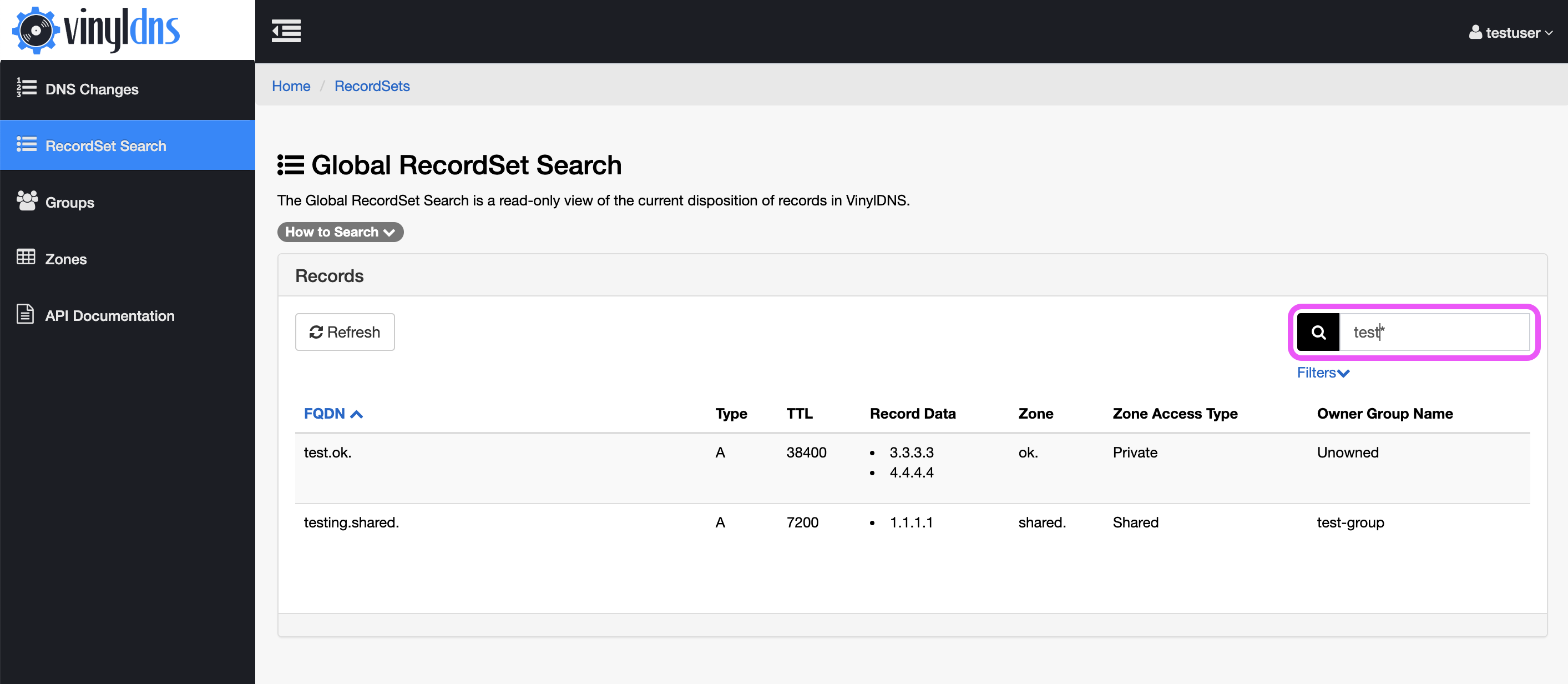 RecordSet Search name filter screenshot